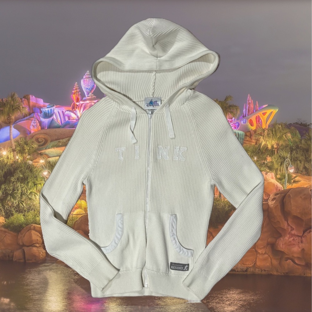 Disney Parks Tinkerbell Zip Up Ribbed Knit Hoodie Ivory White Y2K